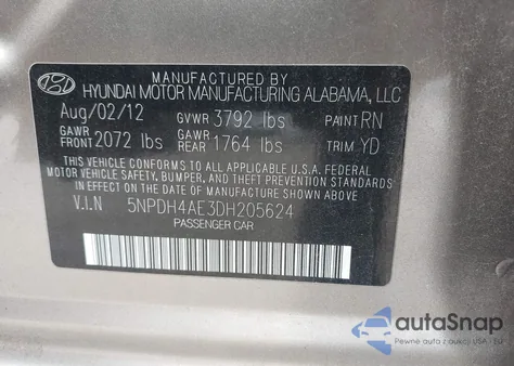 2013 Hyundai Elantra Gls from USA, damaged, VIN 5NPDH4AE3DH205624